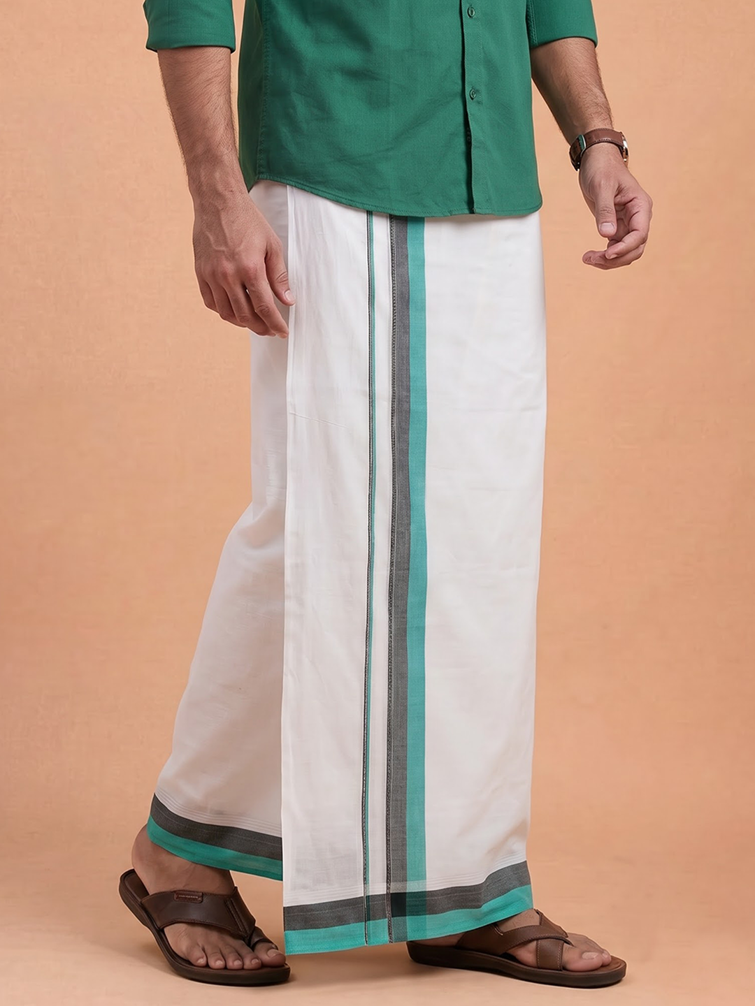 Double Layer 100% Cotton White Dhoti With Colour Jari Border - EJF29