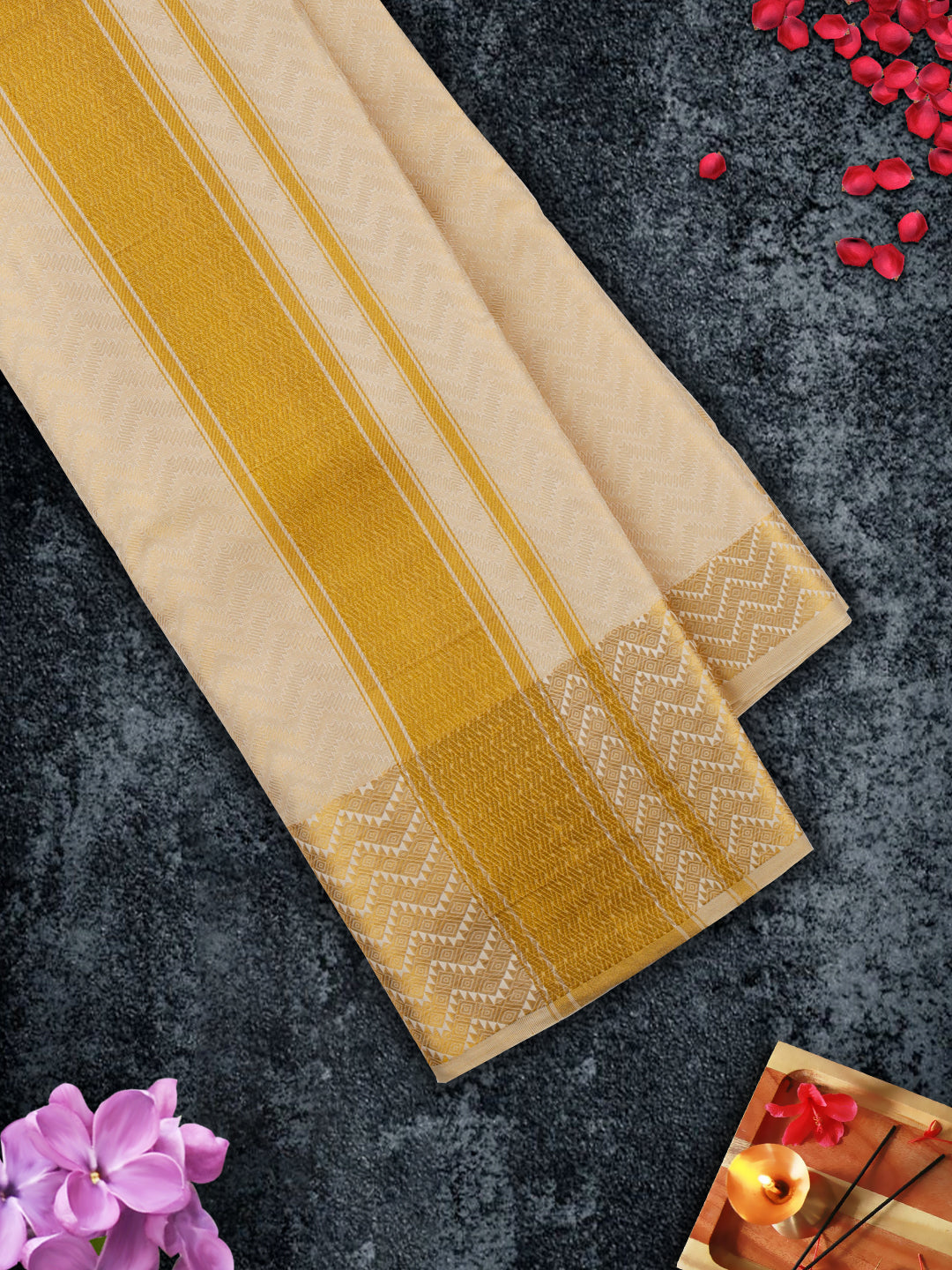 Pure Silk Embossed 5" Gold Jari Border Dhoti With Towel Thirukalyan-View three