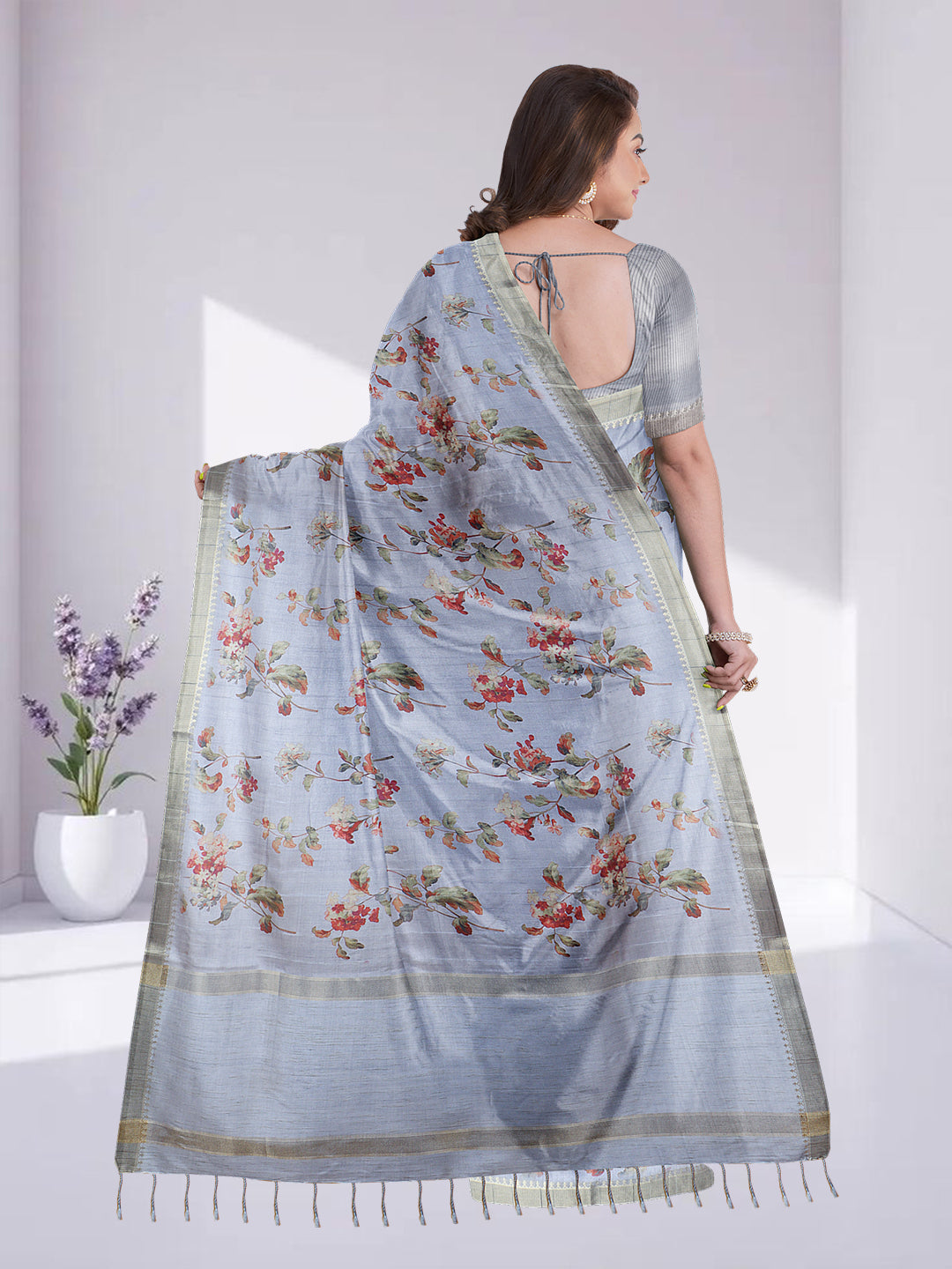 Women Lavender Semi Raw Silk Printed Saree SRS107