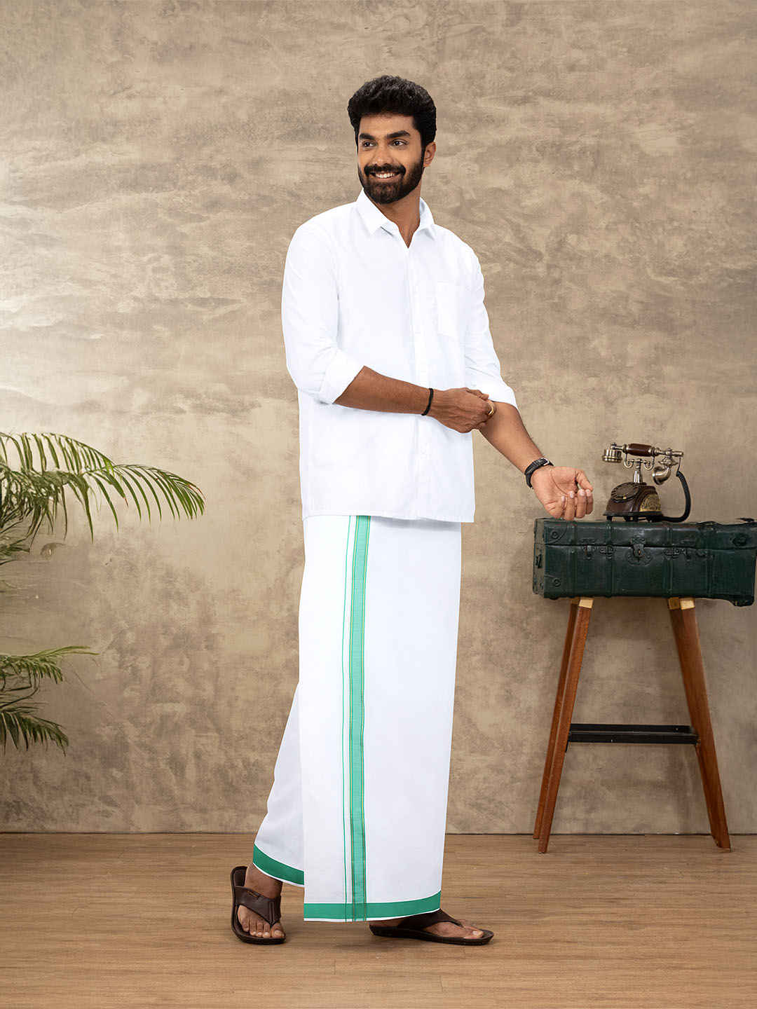 Men Cotton Blend Readymade Double Layer White Dhoti with Fancy Jari Border GFDA07