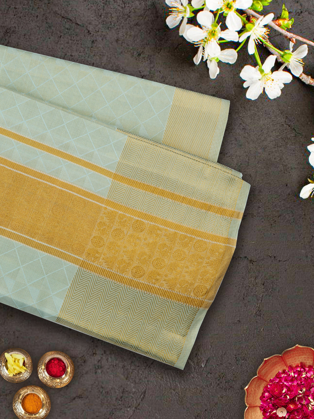 Premium Pure Silk Tissue Green Dhoti with 5" Gold Jari Border Upasana