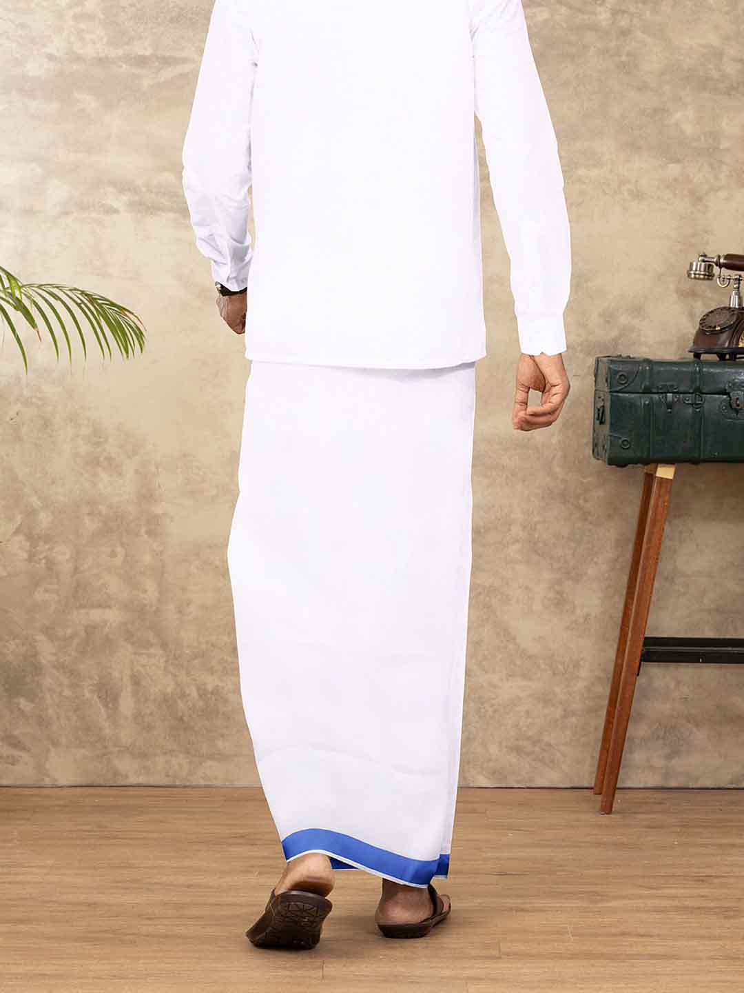 Men Cotton Blend Double Layer White Dhoti with Fancy Jari Border TGJF02