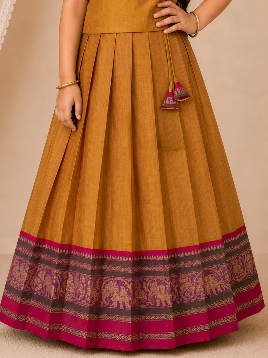 Girls Cotton Mustard with Pink Pattu Pavadai Set GPS59