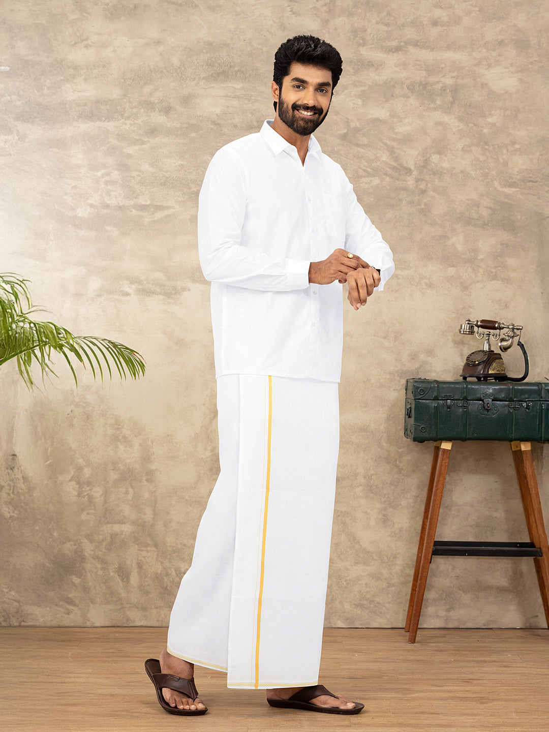 Men 100% Cotton Single Layer White Dhoti with Small Border GC02