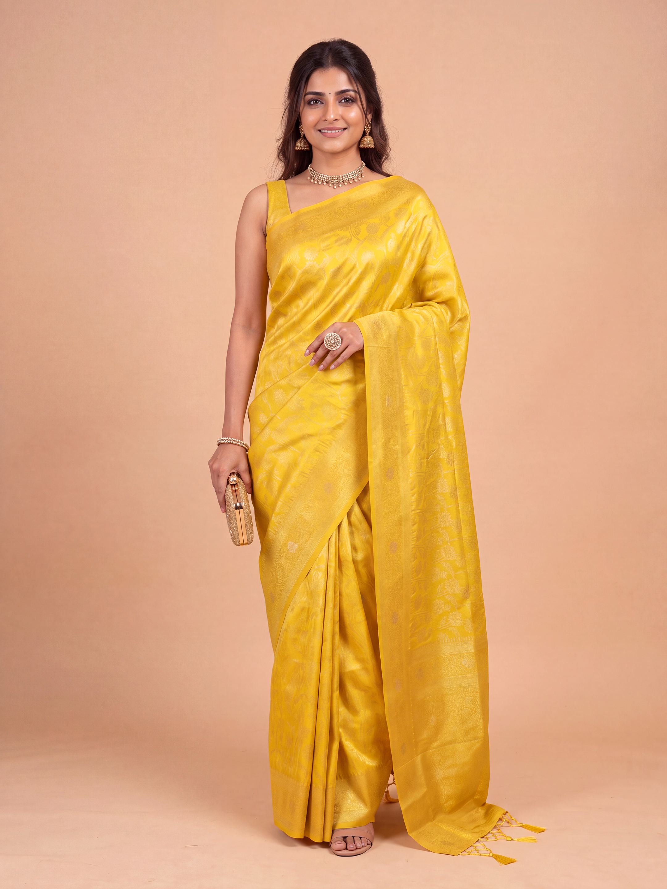 Women Semi Tussar Golden Yellow Saree ST359
