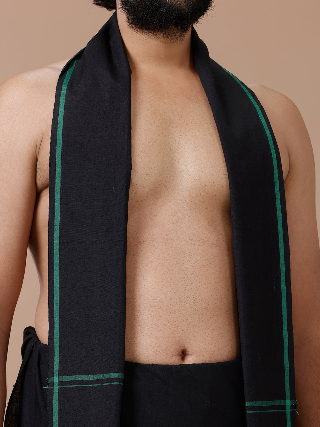 Men Cotton Blend Single Layer Black Dhoti & Towel Set with Green Big Border Sukran