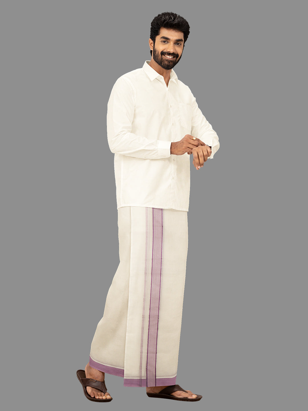 Men Violet Fancy Jari Border Kora Double Dhoti Harmony Fancy