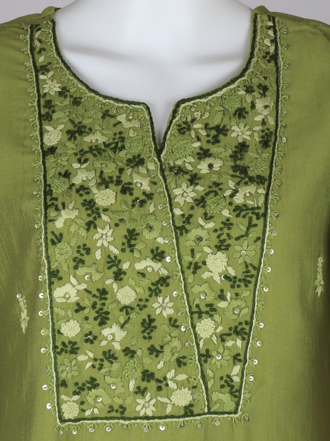 Women Silky Crush Embroidered Kurti Set Green EKS90