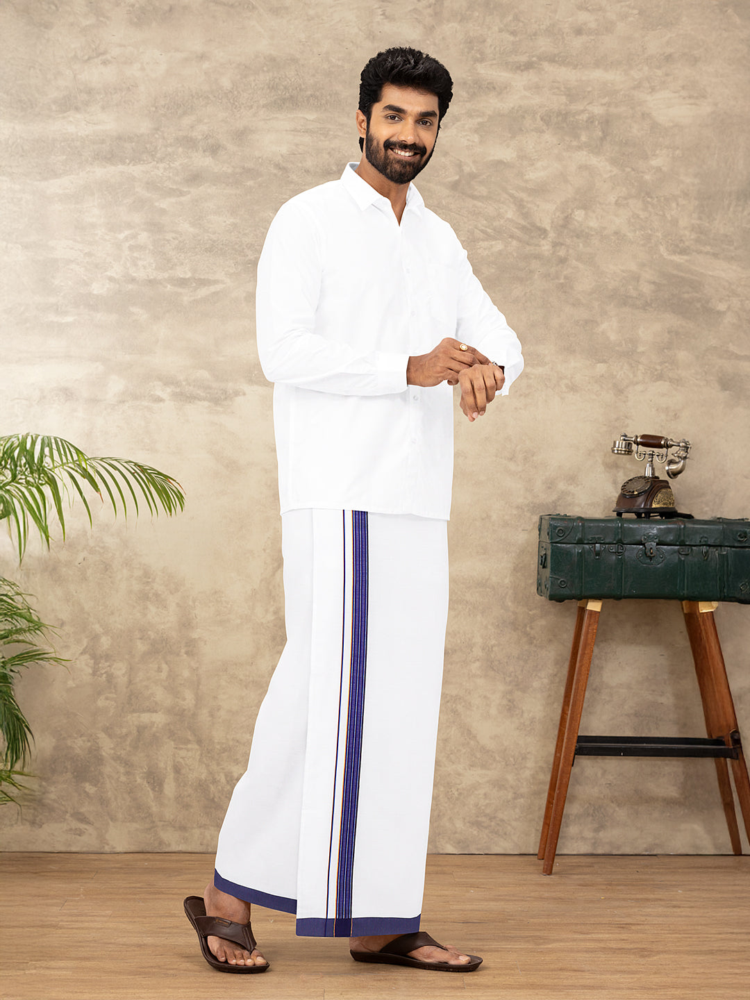 Men Cotton Blend Single Layer White Dhoti with Fancy Jari Border HGF23