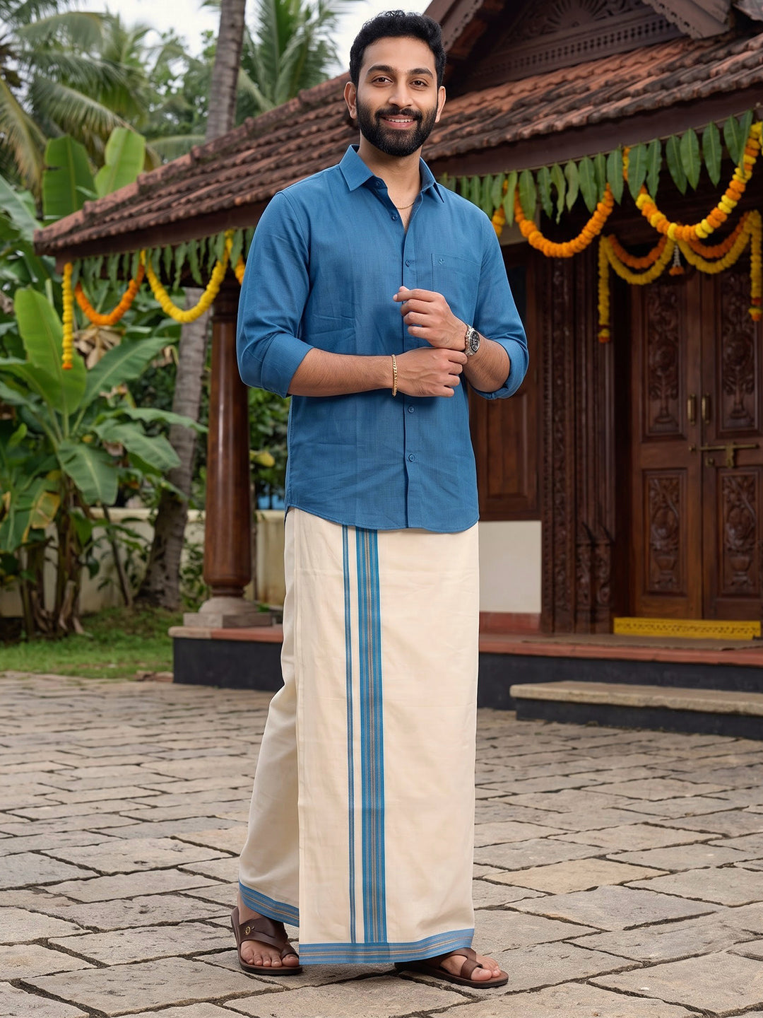Double Layer 100% Cotton Cream Kora Dhoti with Colour Jari Border - RKF01