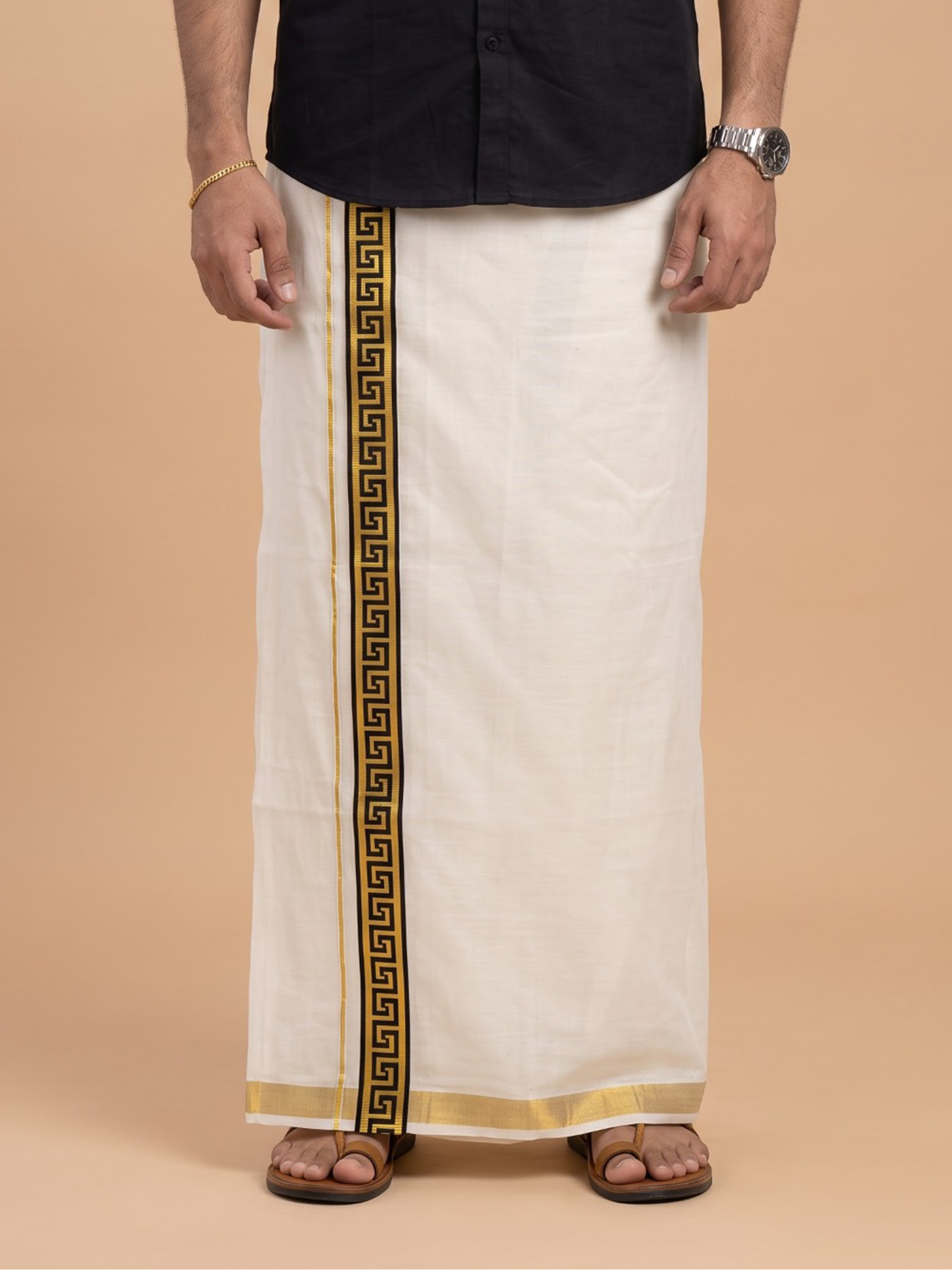 Double Layer Kora Cotton Cream Dhoti with Colour Border - HF Gold HFG01