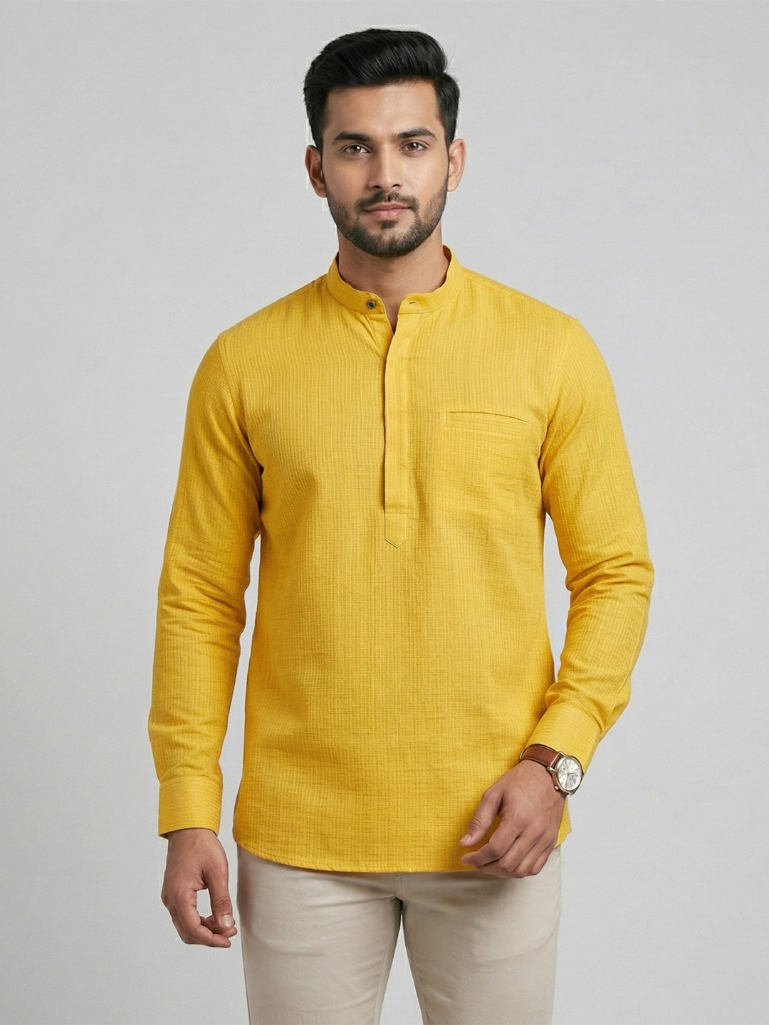 Men Cotton Short Length Self Design Pocket Kurta Honeycomb Yellow Y25