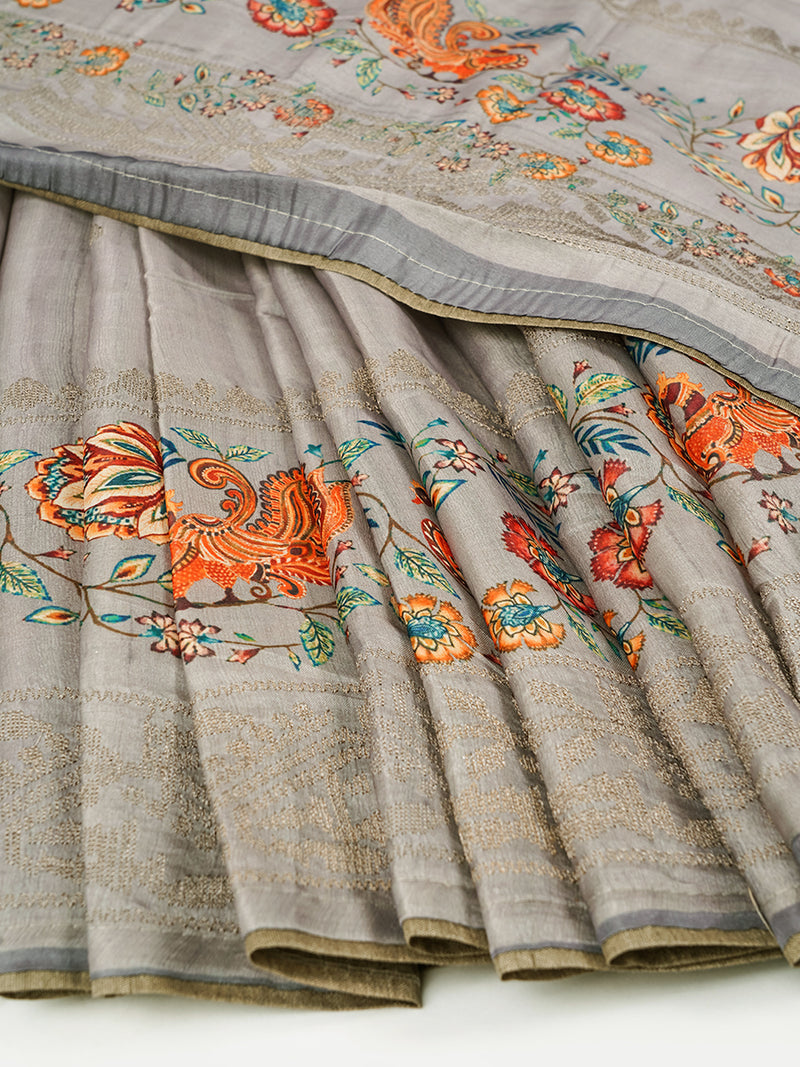 Semi Raw Silk Grey Colour Printed Saree with Embroidered Border SRS15