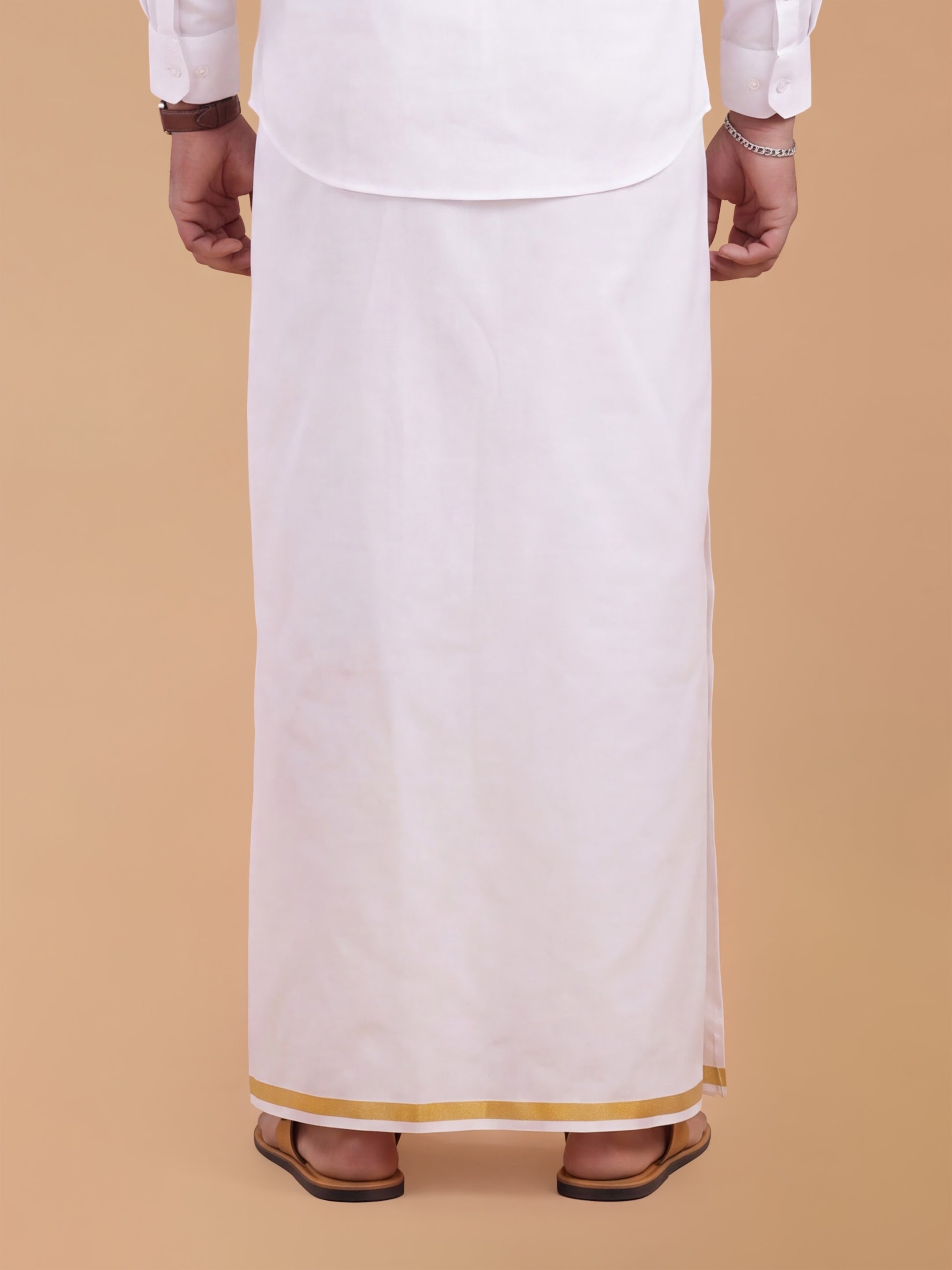 Double Layer 100% Cotton White Dhoti with 3/4 inch Gold Jari Border - Cherry 3.80m