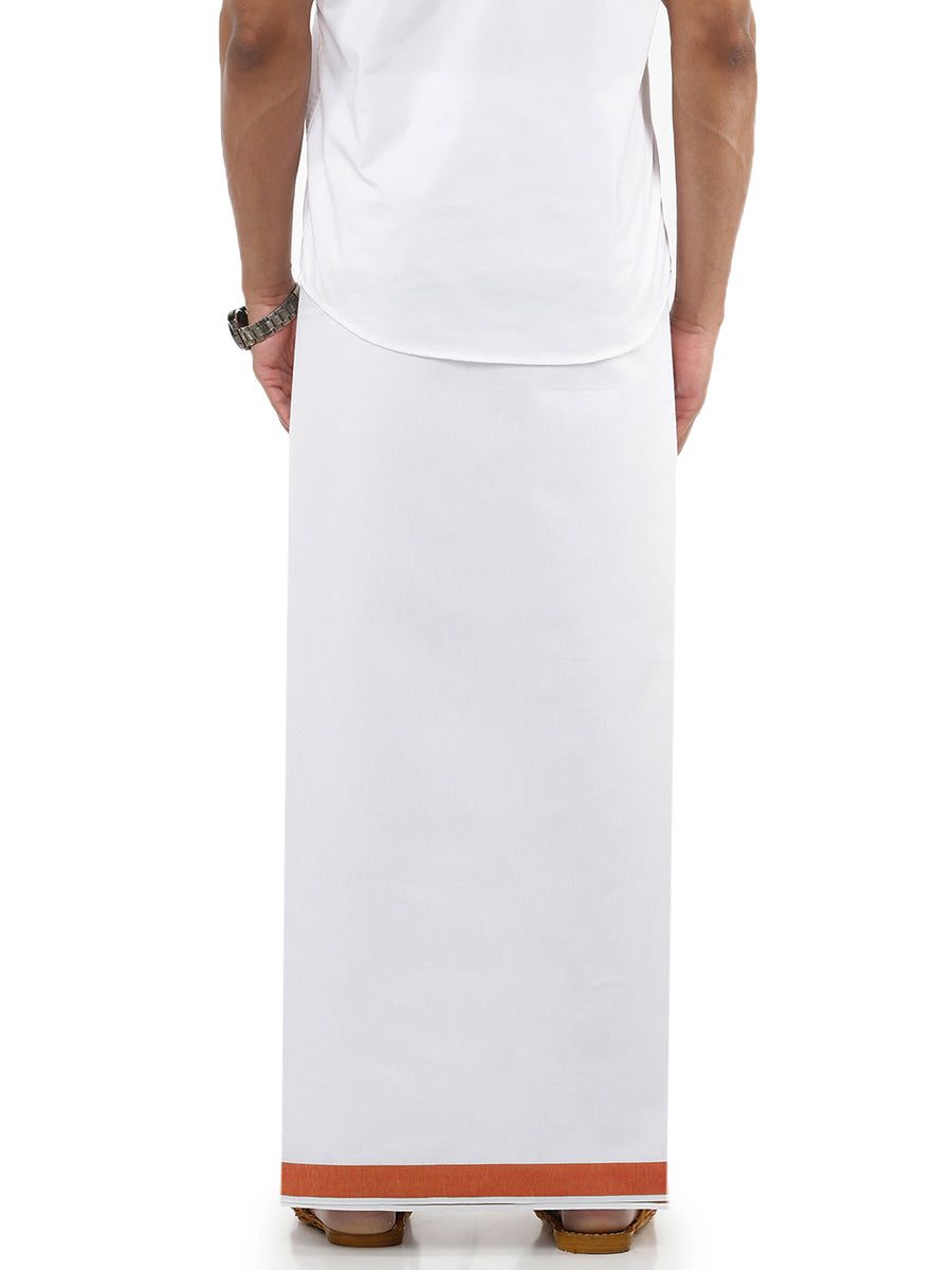 Mens Double Dhoti White with Fancy Border Anchor Special Saffron-Back view