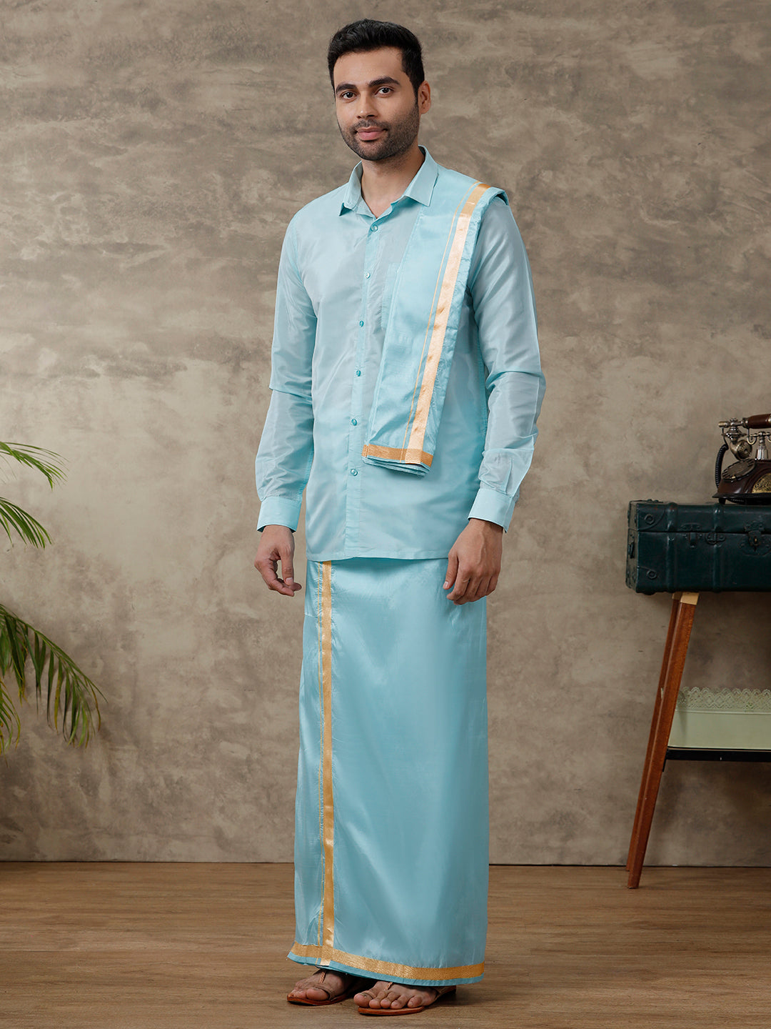 Mens Art Silk Blue Shirt & Dhoti Towel Set Swayamvara