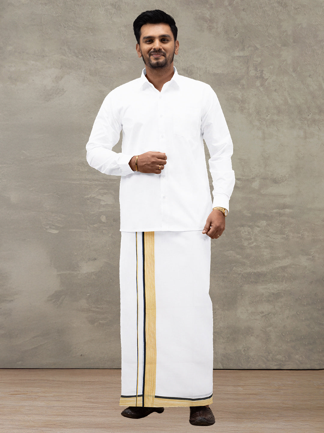 Men 100% Cotton Double Layer White Dhoti with fancy Border PMF10