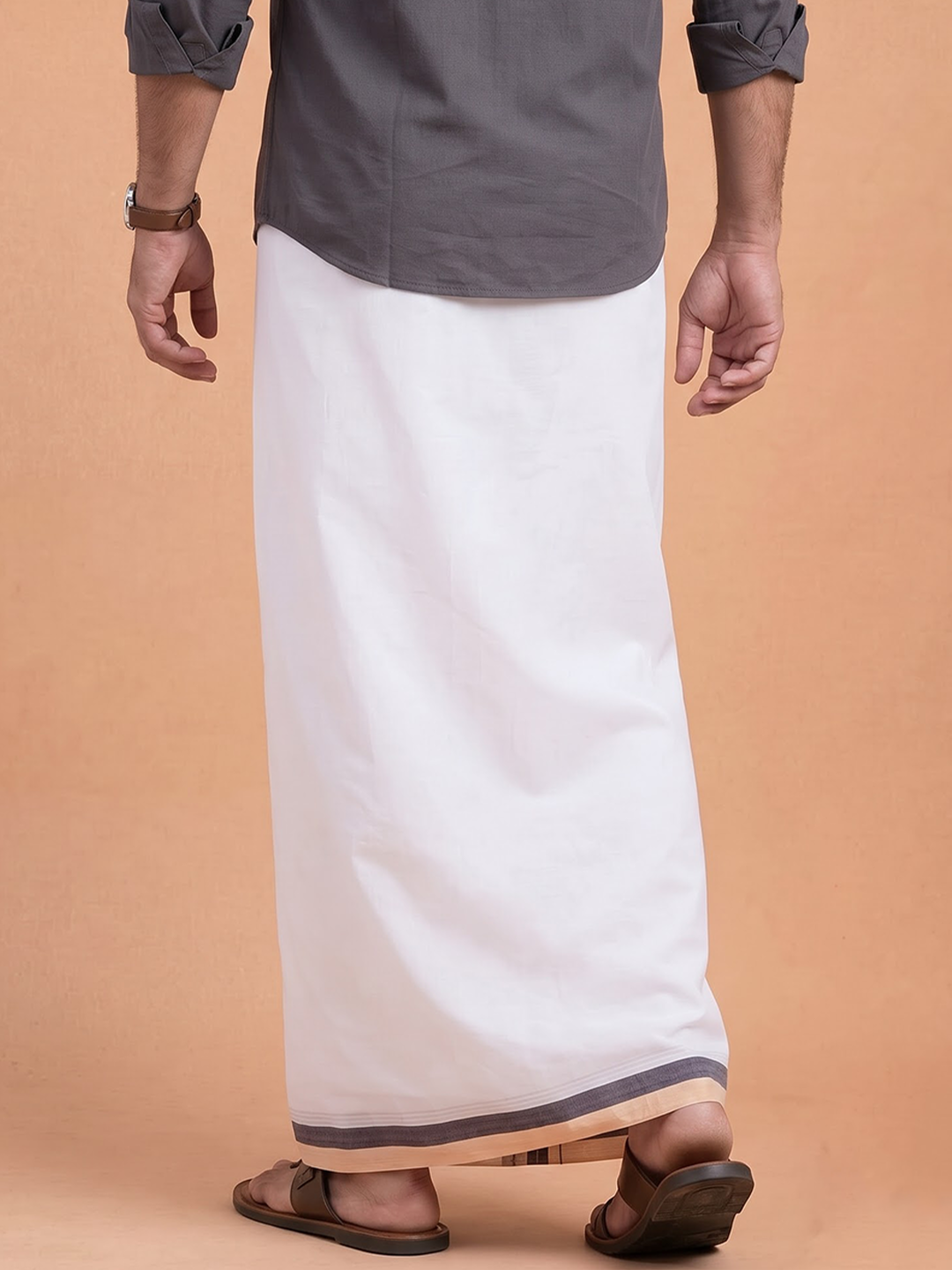 Double Layer 100% Cotton White Dhoti With Colour Jari Border - EJF26