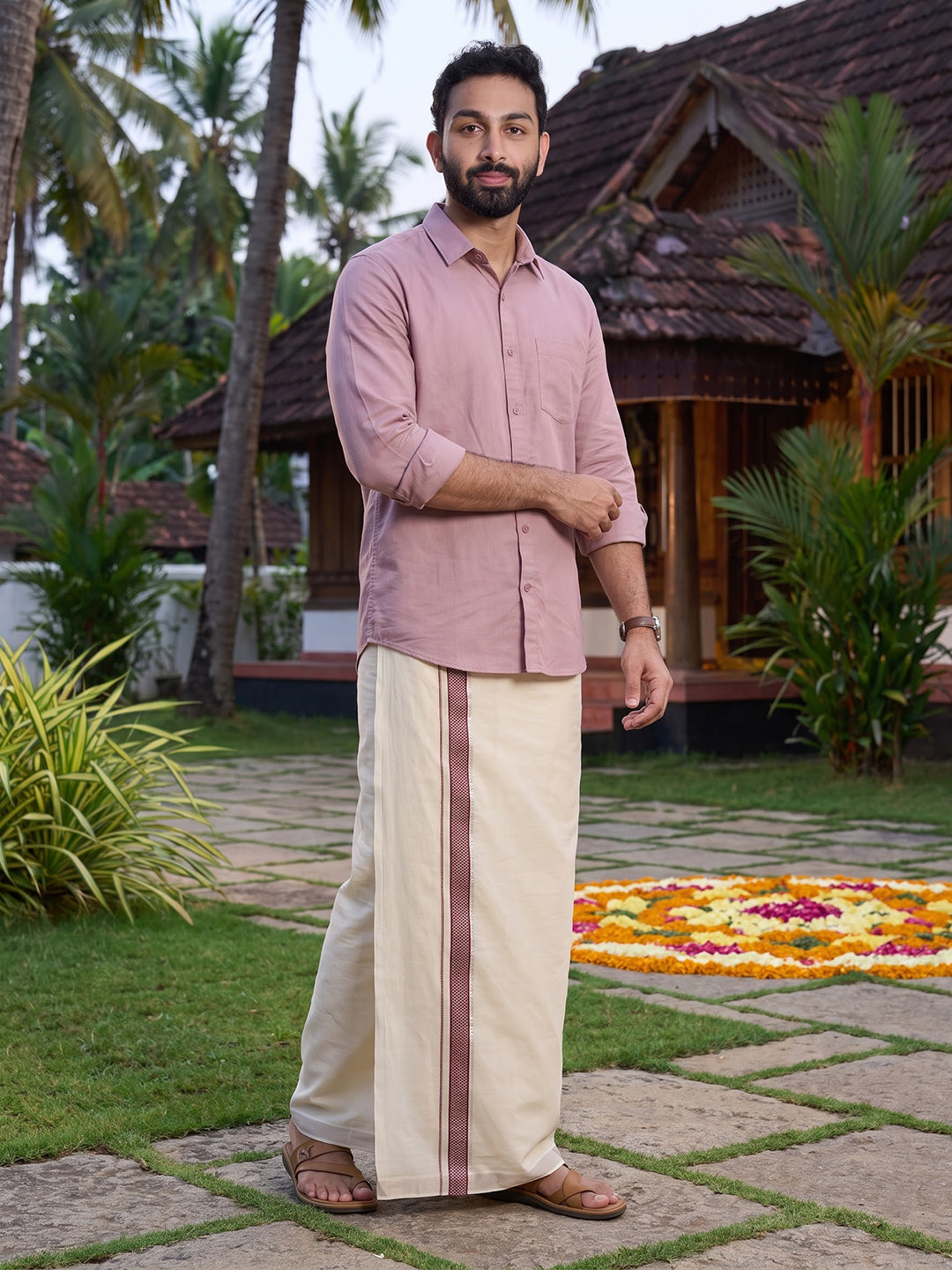Double Layer Giza Cotton Cream Kora Dhoti with Colour Jari Border - LC38