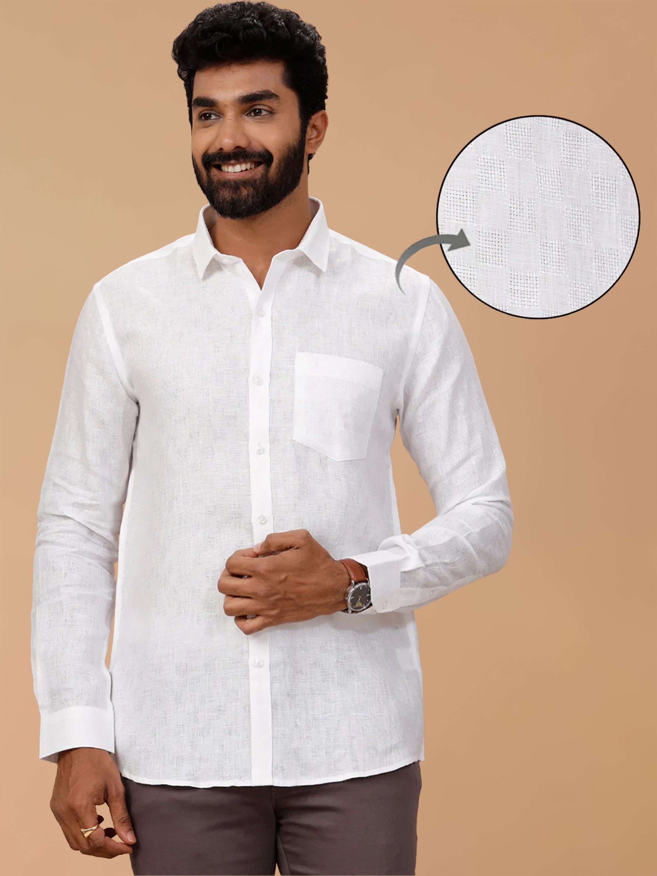 Pure Linen Self Design White Shirt LP1532JF