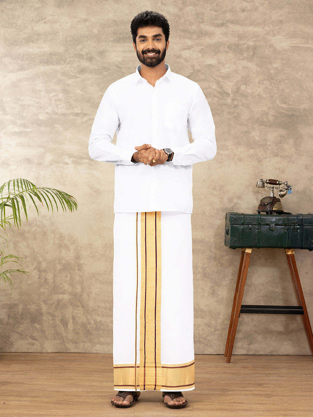 Men 100% Cotton Single Layer White Dhoti with Fancy Jari Border Golden Award