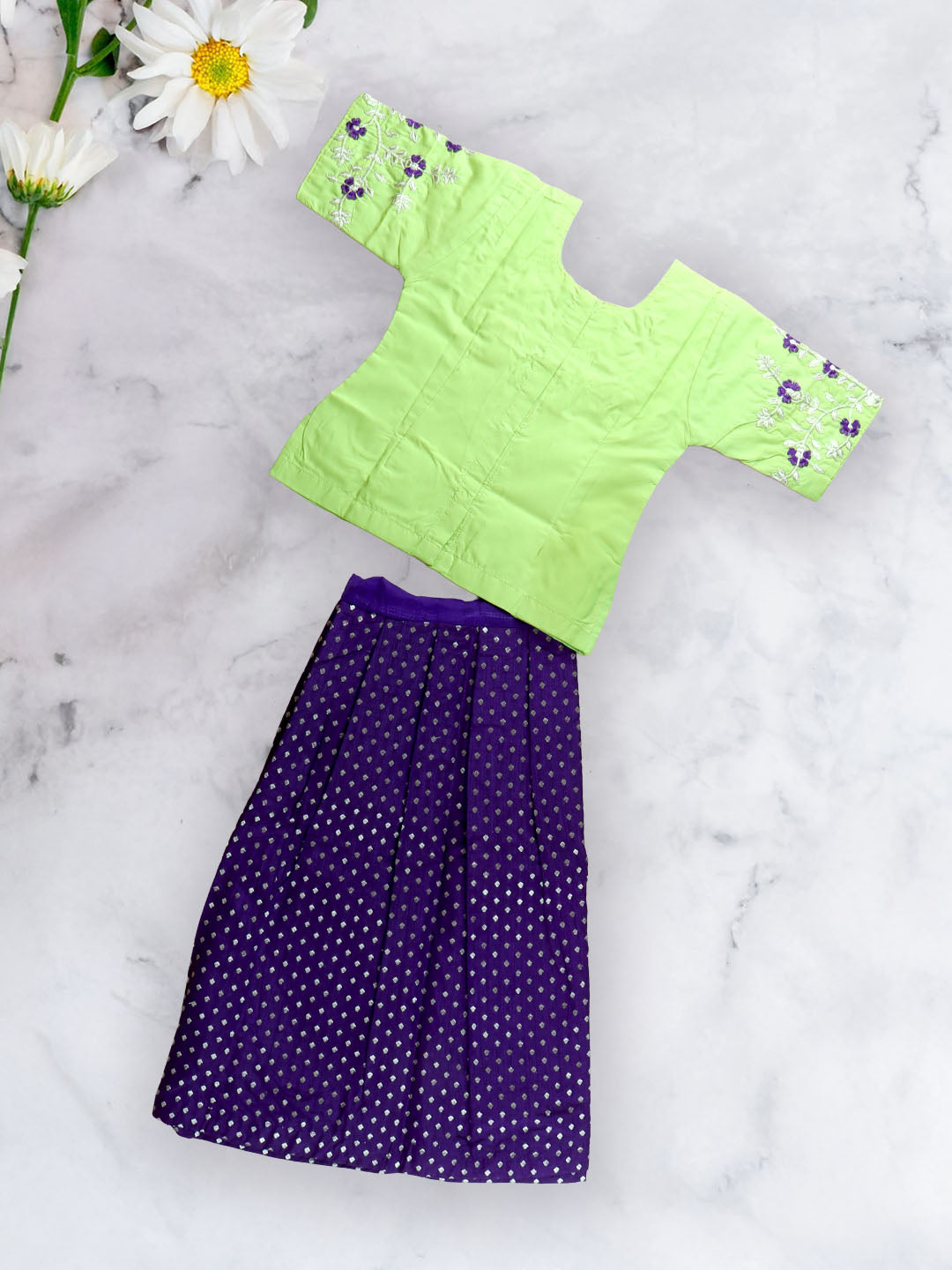 Girls Traditional Silk Cotton Skirt Set Lemongreen with Violet GPS16
