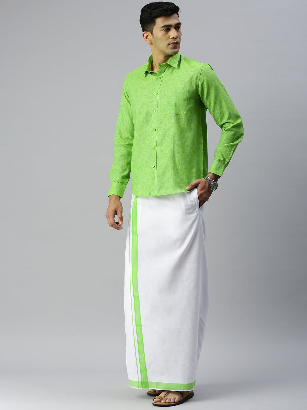 Mens Matching Border Adjustable Dhoti & Full Sleeves Shirt Set Green CC6-Side view