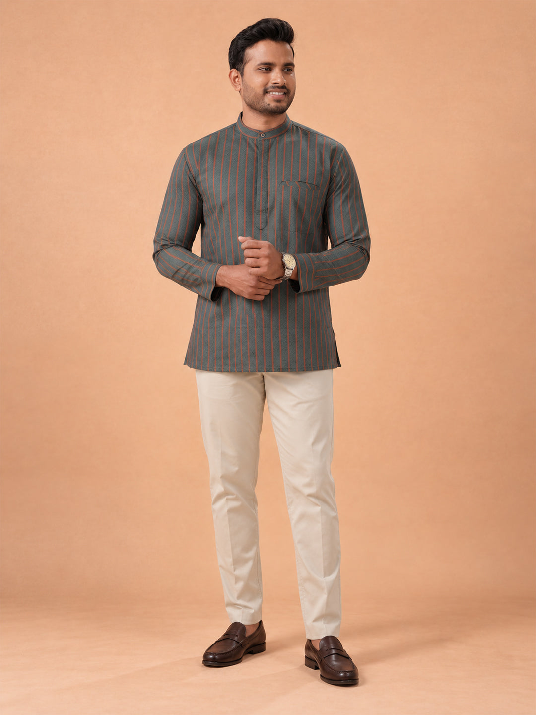 Cotton Short Length Self Design Pocket Kurta Bluish Green RJ38