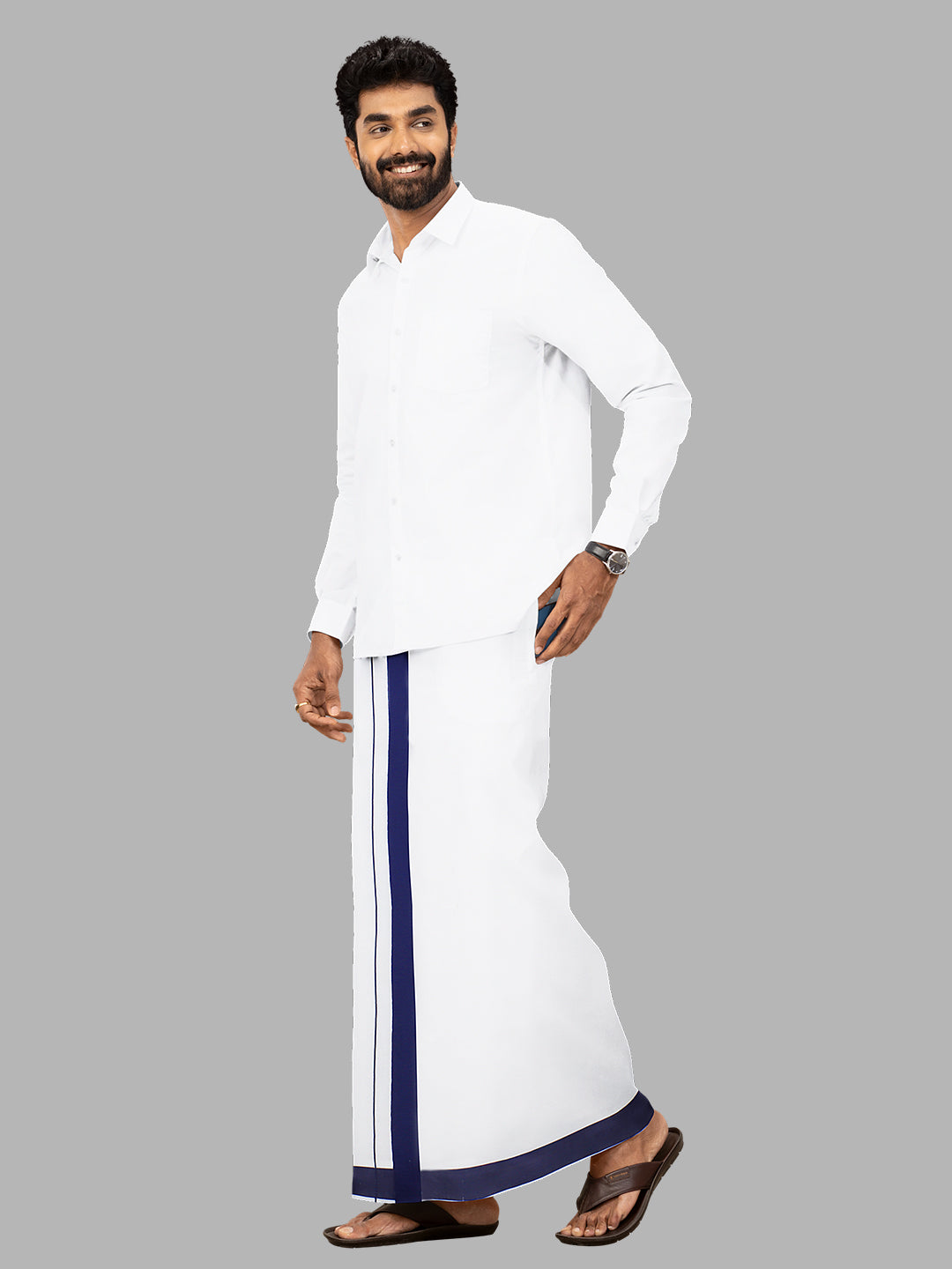 Men Navy Border Single Layer Adjustable Pocket Dhoti GACS10