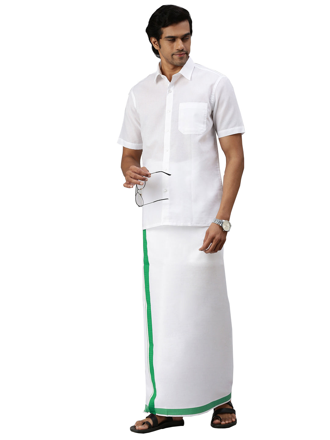 Mens Elegant Look Cotton Single Dhoti with Pastel Green Fancy Border