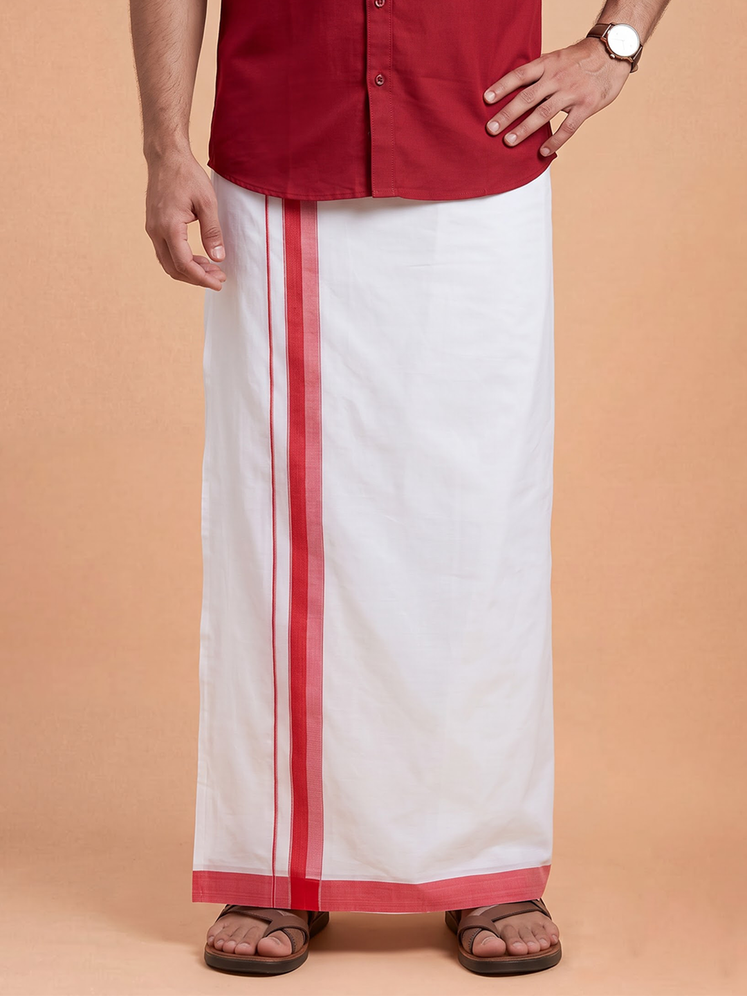 Double Layer 100% Cotton White Dhoti With Colour Jari Border - EJF33