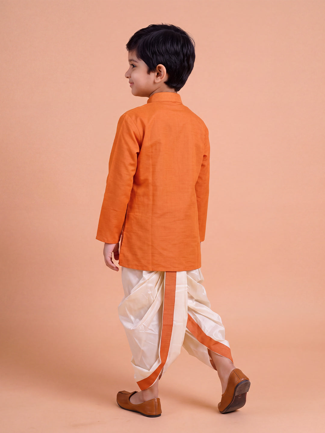 Boys Slub Cotton Full Sleeves Orange Kurta with Panchakacham Combo Set SL5