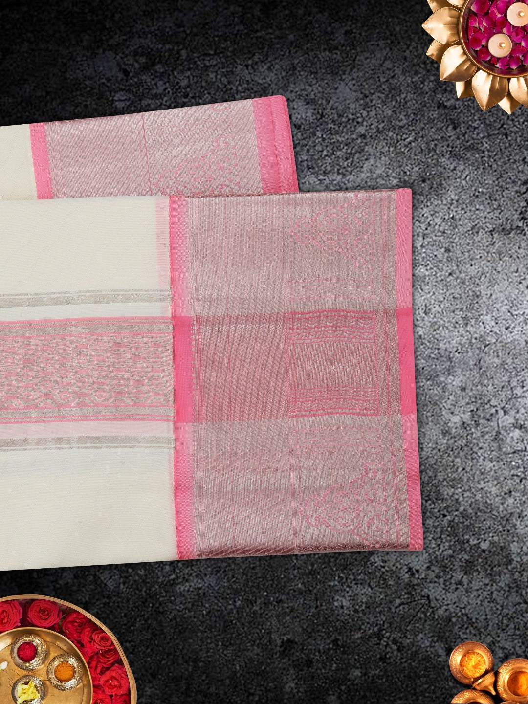 Pure Silk Cream Colour 4" Pink Jari Border Embossed Dhoti With Towel Thirukalyan-View three