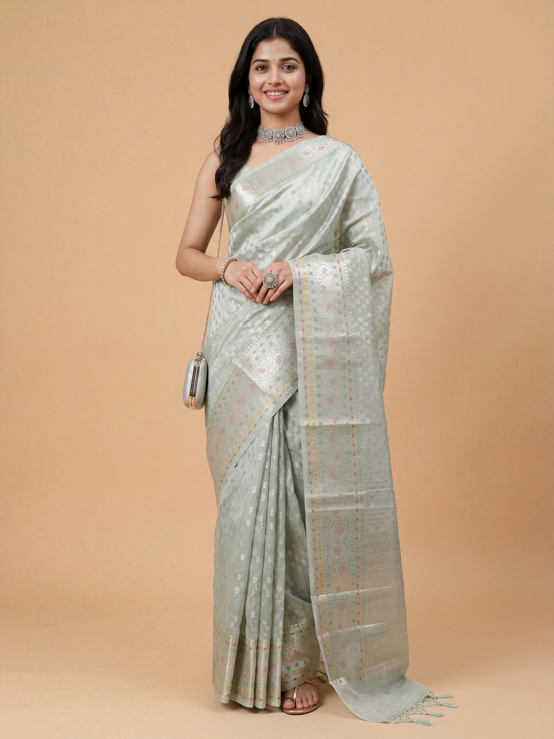 Women Tissue Pista Green Saree TS68