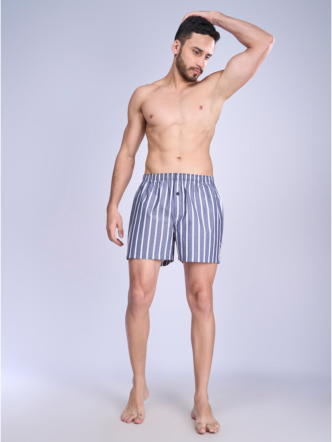 Mens Woven Inner Boxer White Grey Stripe Shorts