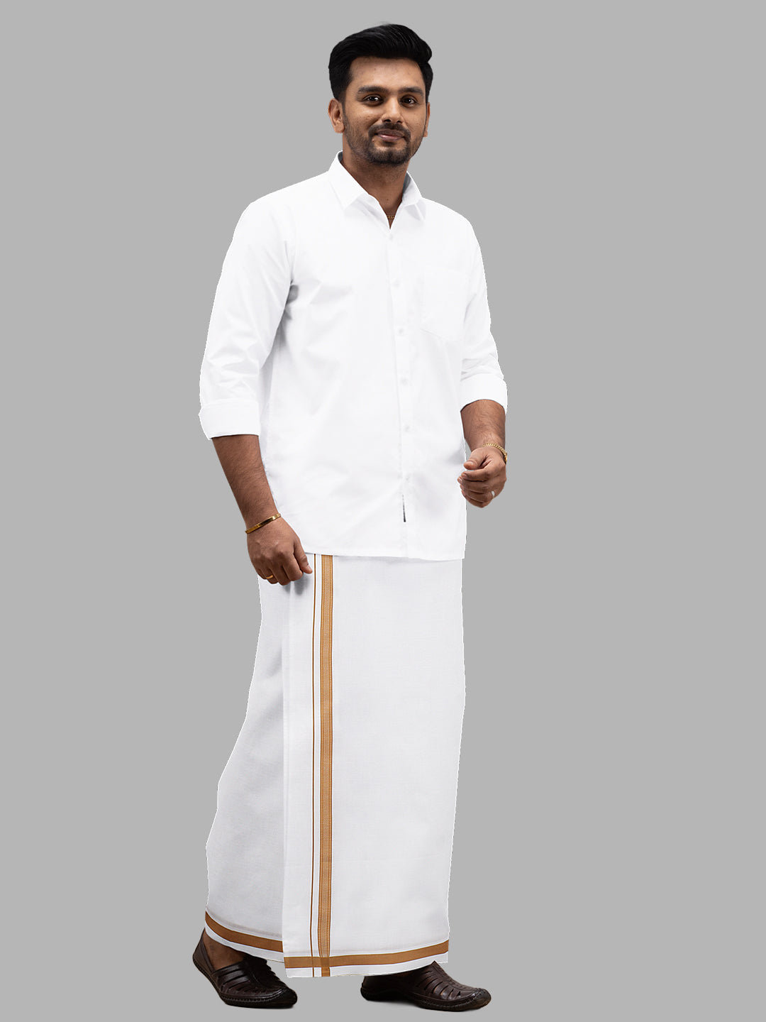 Men Mustard Fancy Border Single Layer White Dhoti PF02