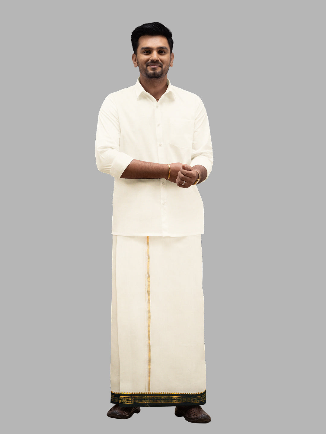 Men Mayilkhan Border Double Layer Devotional Kora Dhoti Cream