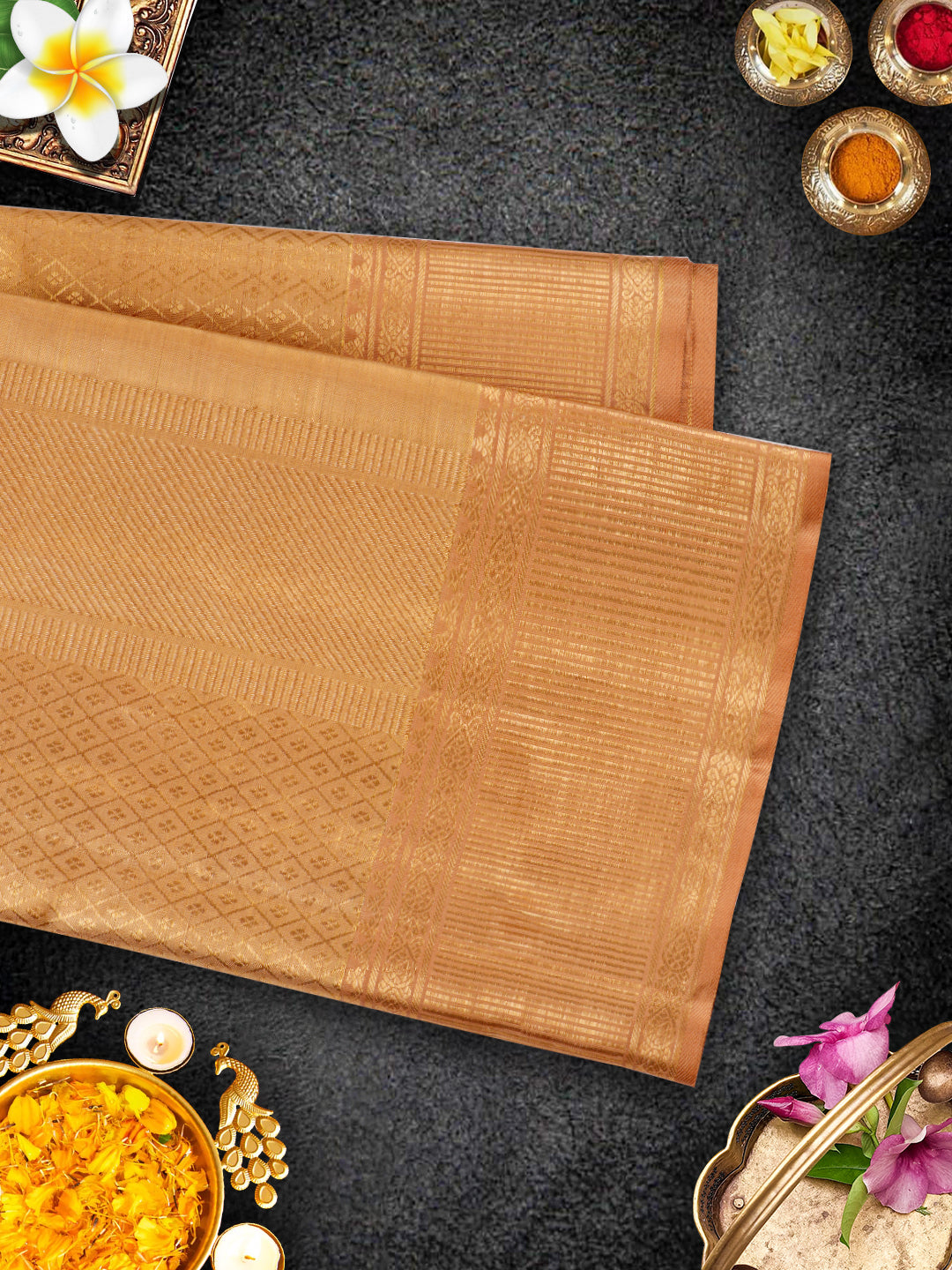 Mens Premium Pure Silk Copper Colour Shirting with 5" Pure Gold Jari Dhoti & Angavasthram Set Rajadharbar-View three