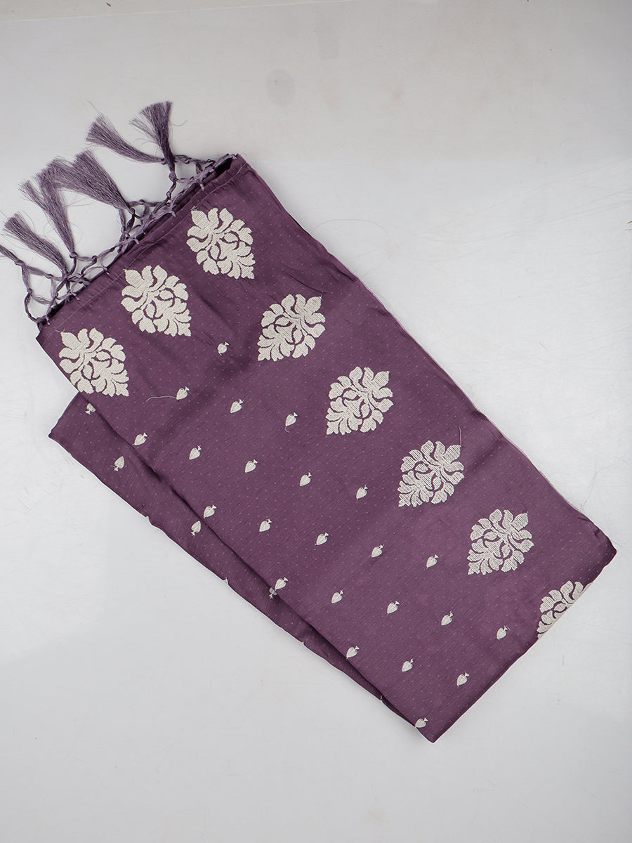 Womens Semi Tussar Purple & Sandal Flower Embroidery Saree ST101-view three