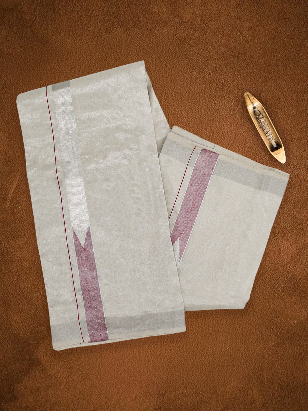 Men Premium Handloom Tissue Silver Dhoti with Fancy Jari Border HLM85