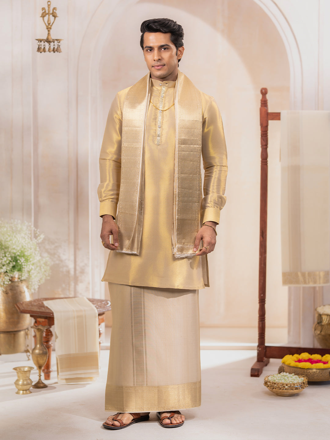 Premium Pure Silk Plain Dhoti Shirting & Towel Set with 5" Jari Border – Rajadharbar