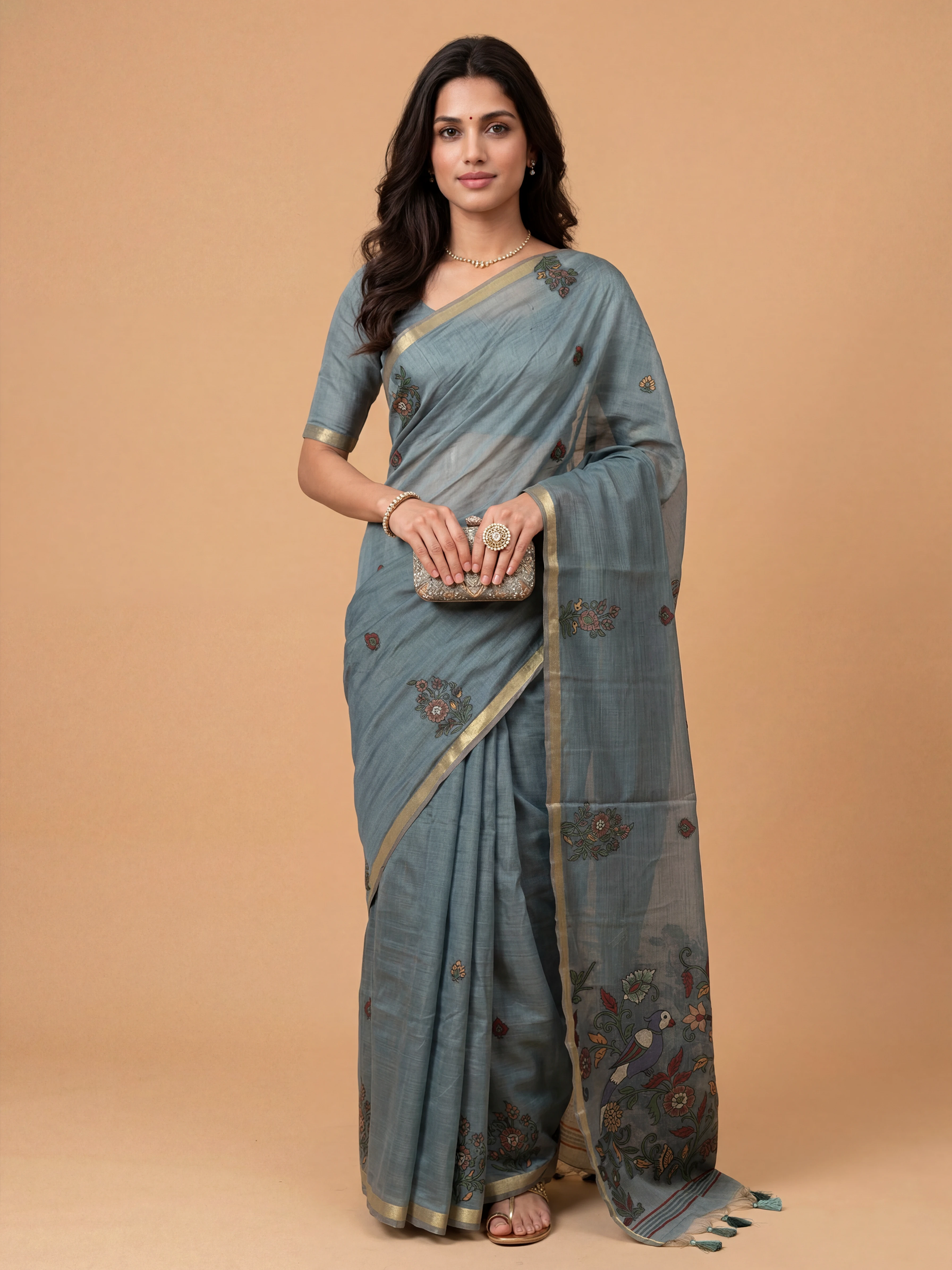 Women Pure Cotton Printed Bluish Grey Saree PCS269