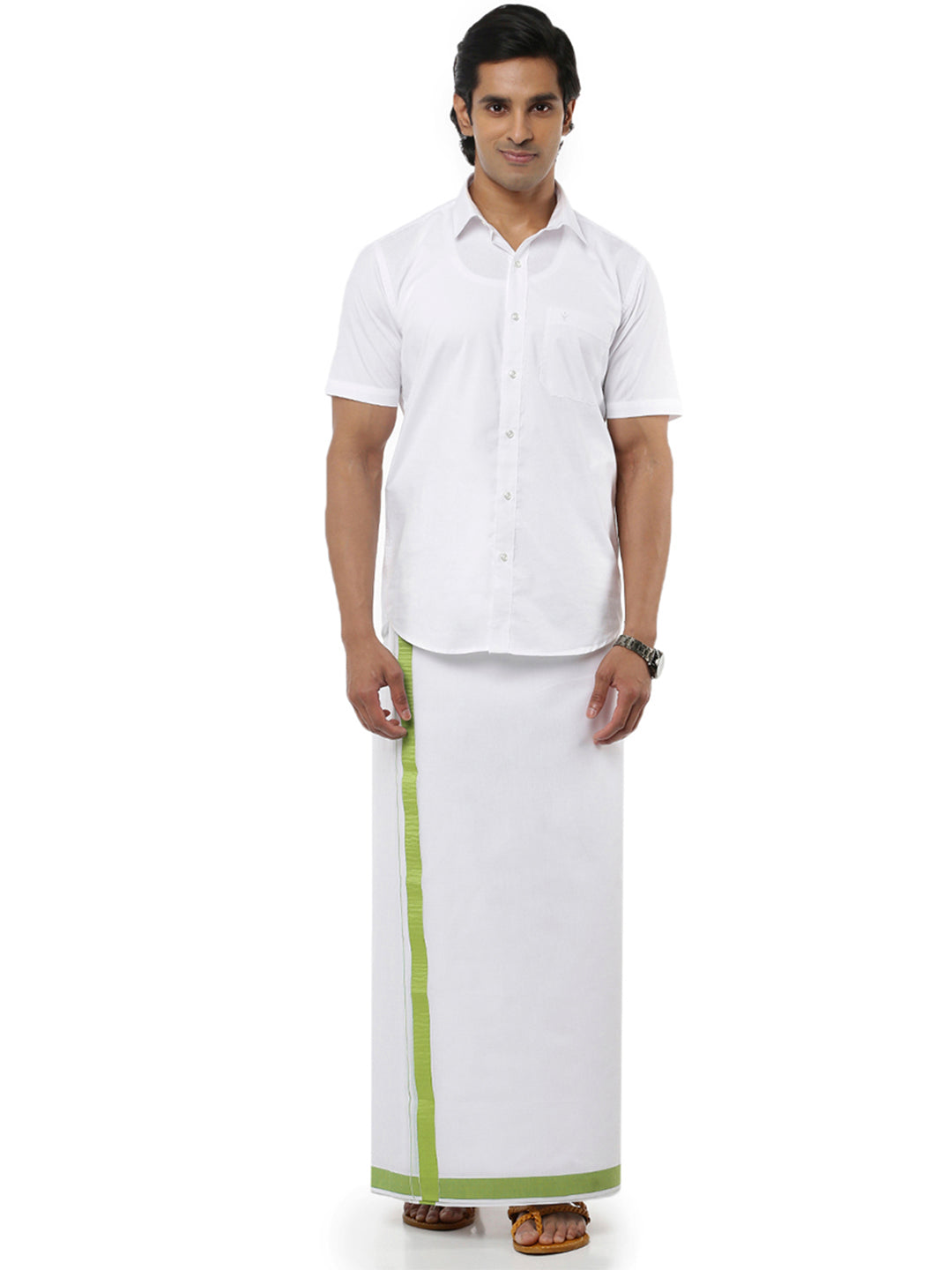 Mens Double Dhoti White with Fancy Border Anchor Special Chutney Green-Front view