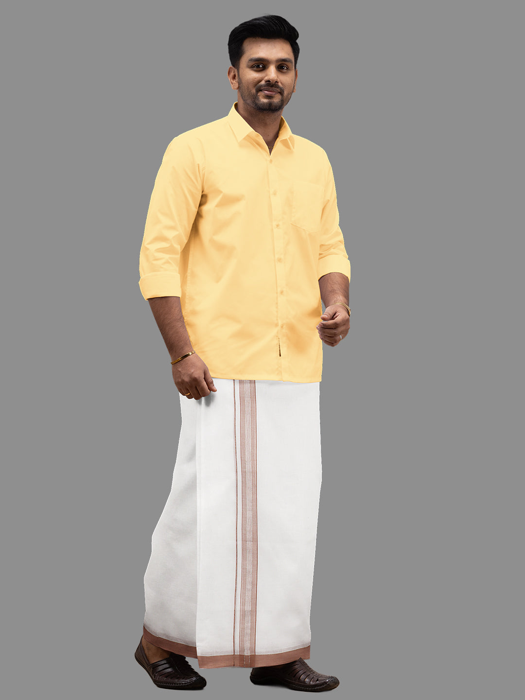 Men Brown Fancy Jari Border Double Layer Dhoti RSF04