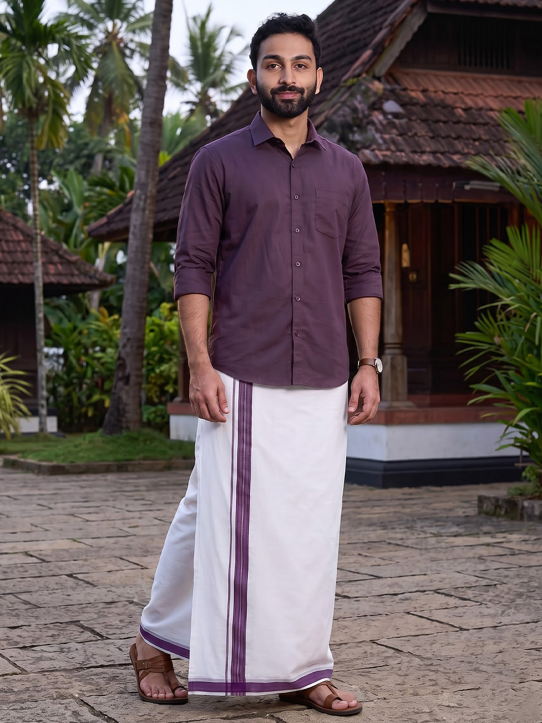 Double Layer Giza Cotton White Dhoti with Colour Border - AGF02