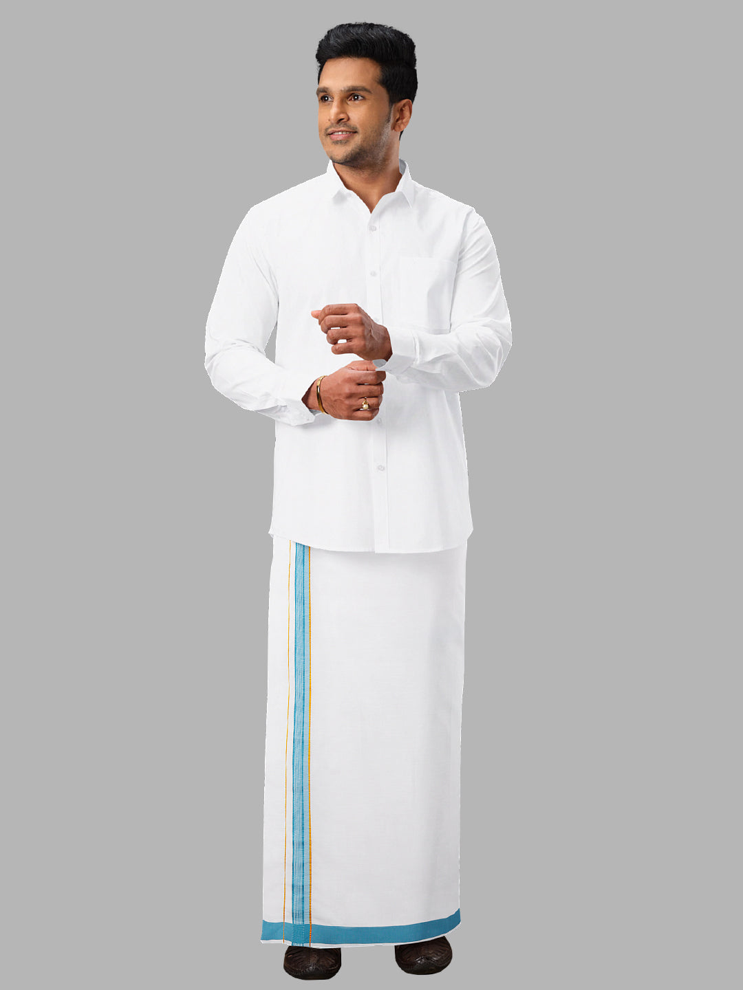 Men Blue Adjustable Pocket Dhoti with Fancy Border GACJ06