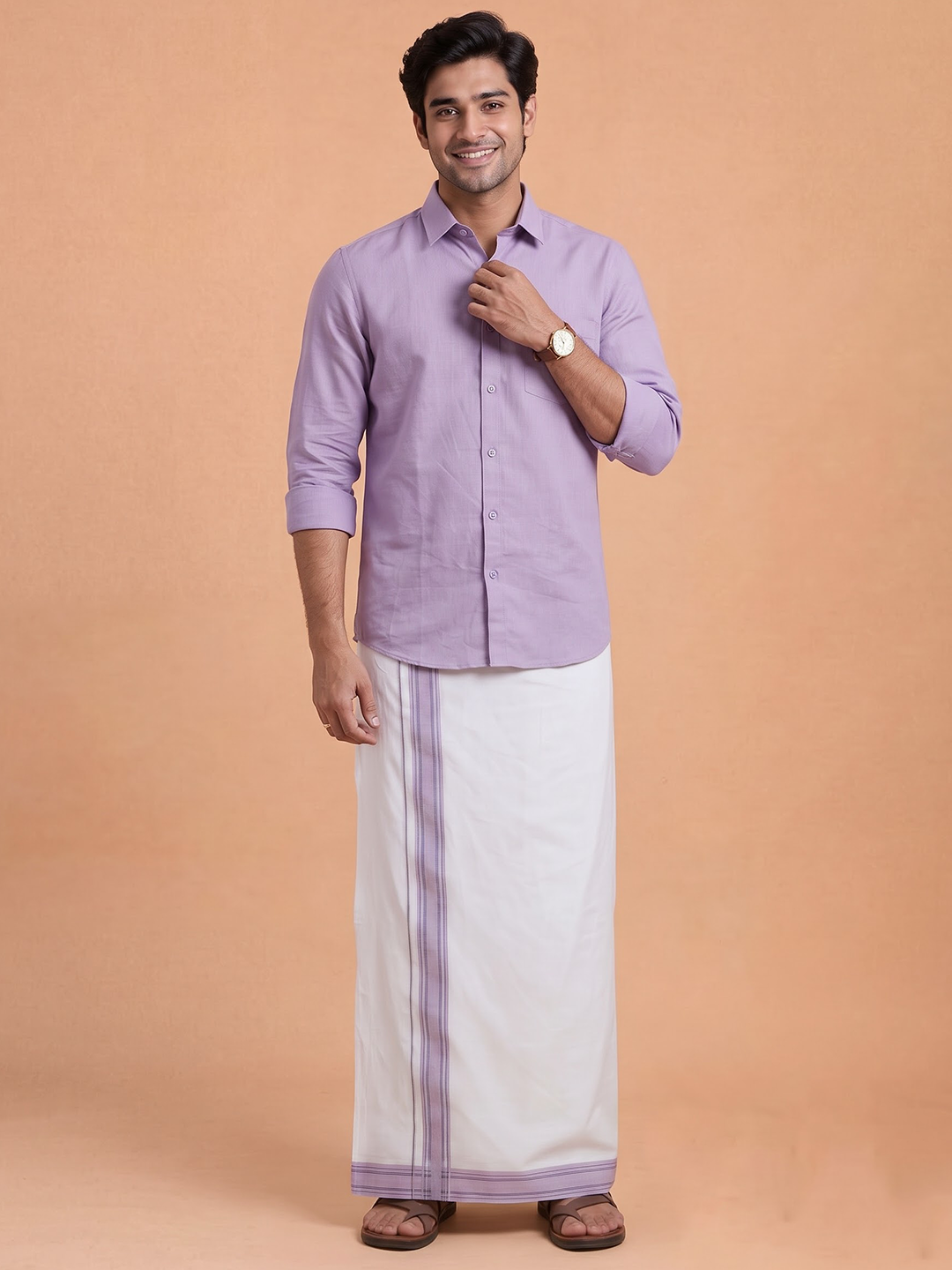 Double Layer 100% Cotton White Dhoti With Colour Jari Border - EJF32