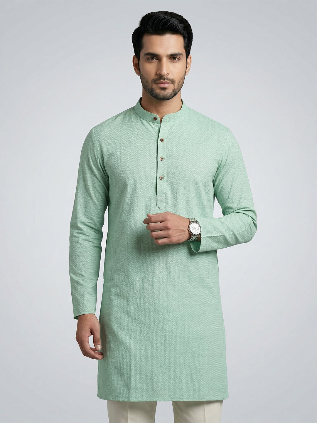 Men Cotton Medium Length Printed Pocket Kurta Greenish Blue MHJ6