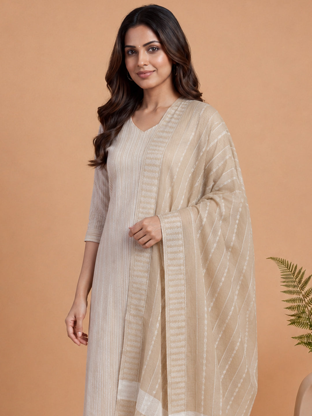 Women Embroidered Light Brown Kurti Set EKS152