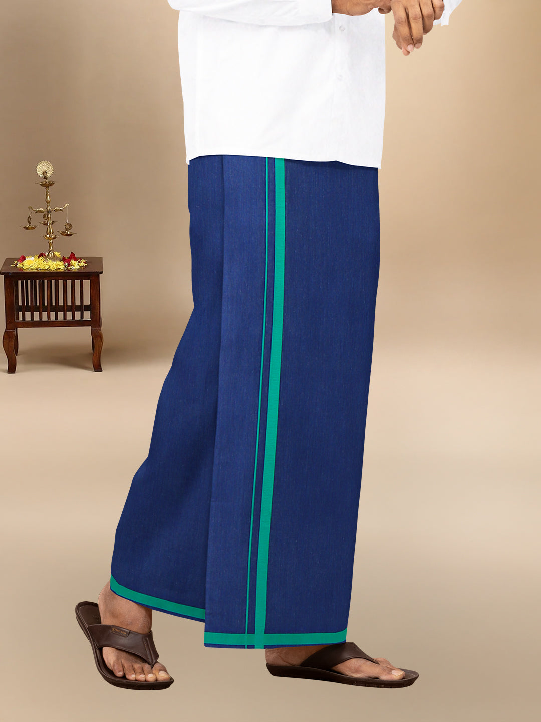 Men Cotton Blend Single Layer Blue Dhoti with Assorted Border Shivam